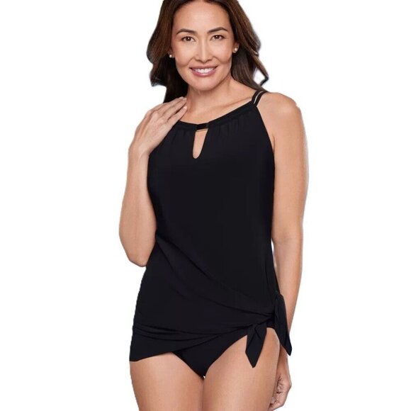 Aqua Green Black High Neck Keyhole Front 1 Piece Swimsuit Dress - Picture 2 of 7